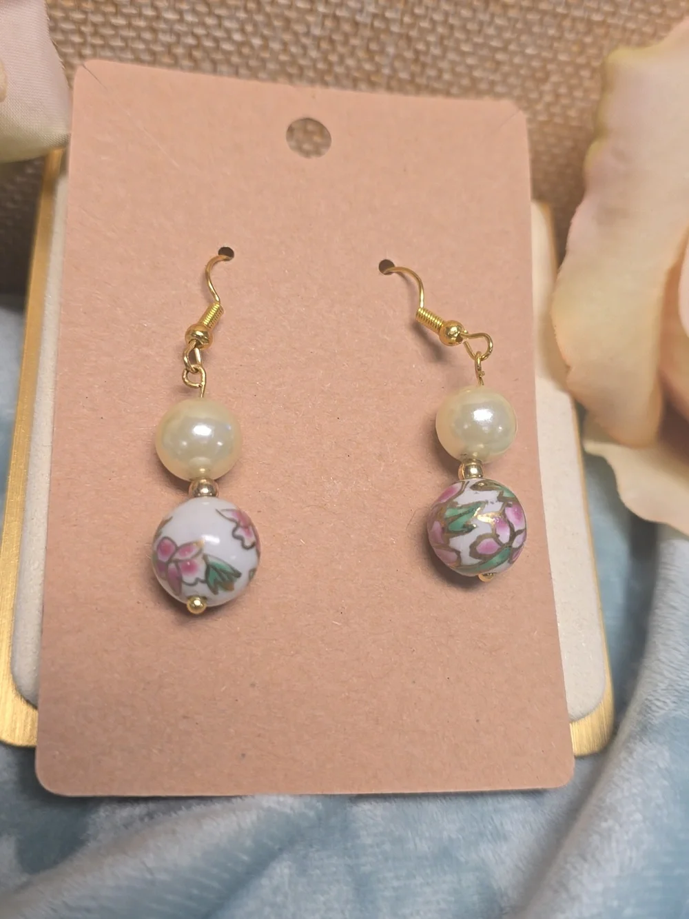 Faux Pearl And Cloisonne Beads Dangle Drop Earrings - Picture 1 of 5